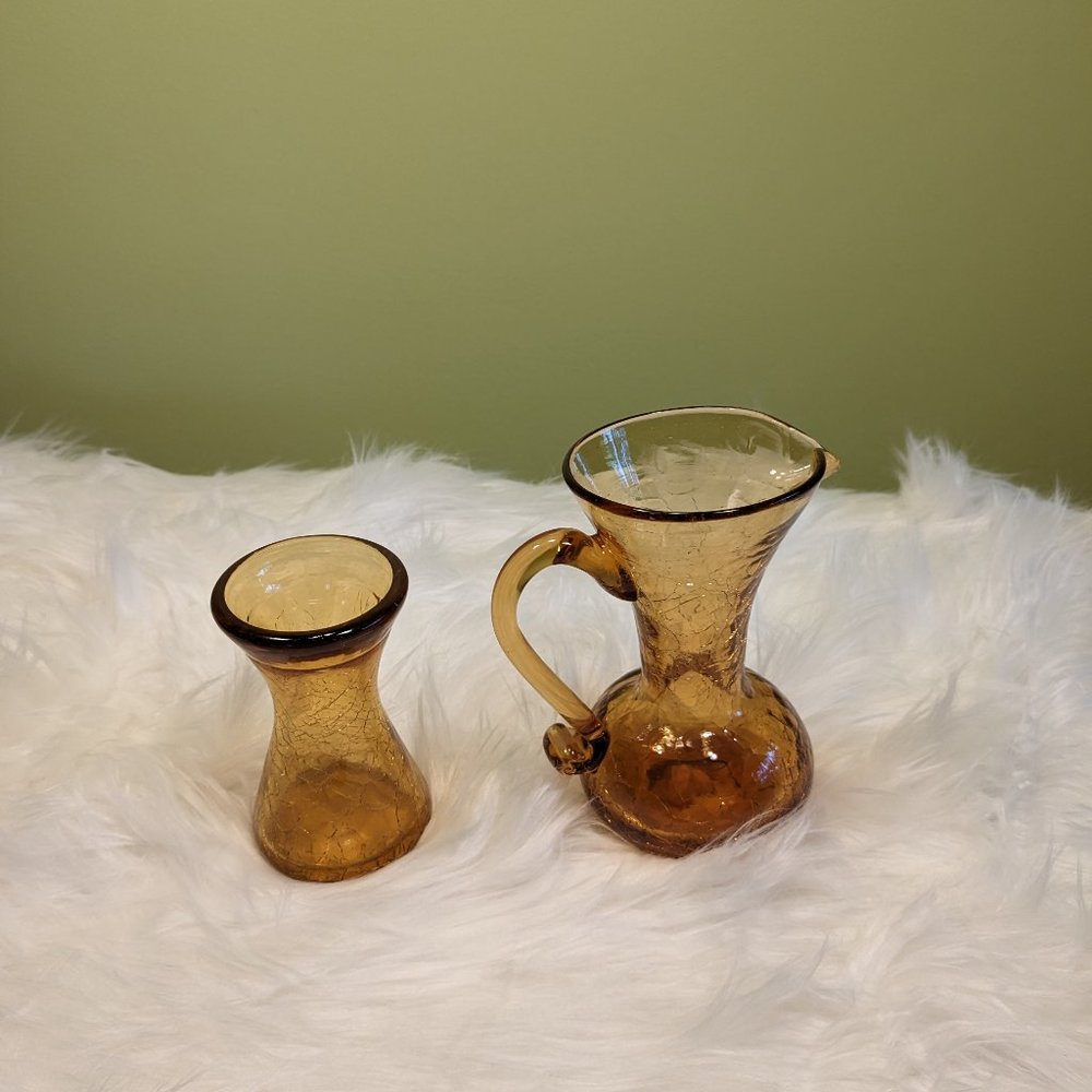 Vintage 1960's Amber Crackle Glass Pitcher and Vase (SET)